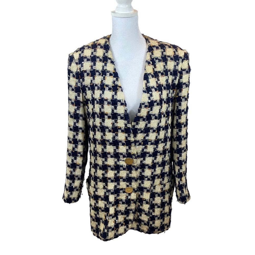 Vintage Jaeger Brand Brocade Navy and Ivory Houndstooth Plaid Blazer Size 4